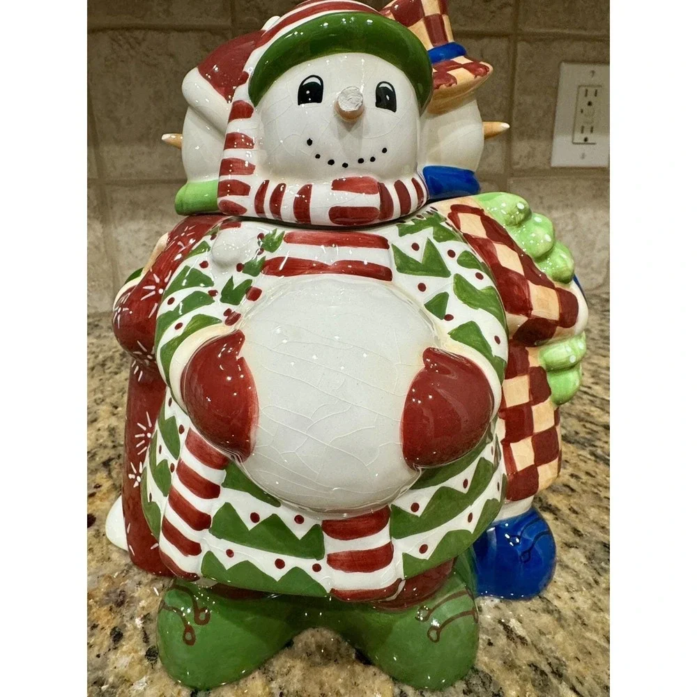 Block Snow People Cookie Jar 1999 Gear Ceramic Multi-Color‎ 4-Snowmen Holiday